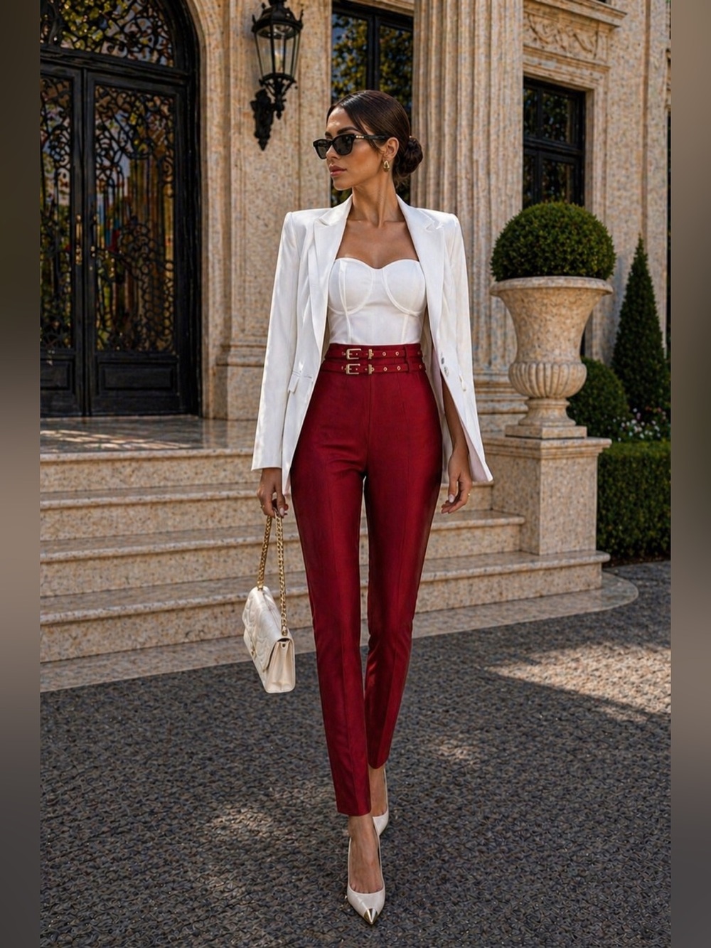 High-Waist Burgundy Slim Pants with Double-Buckle Office Red